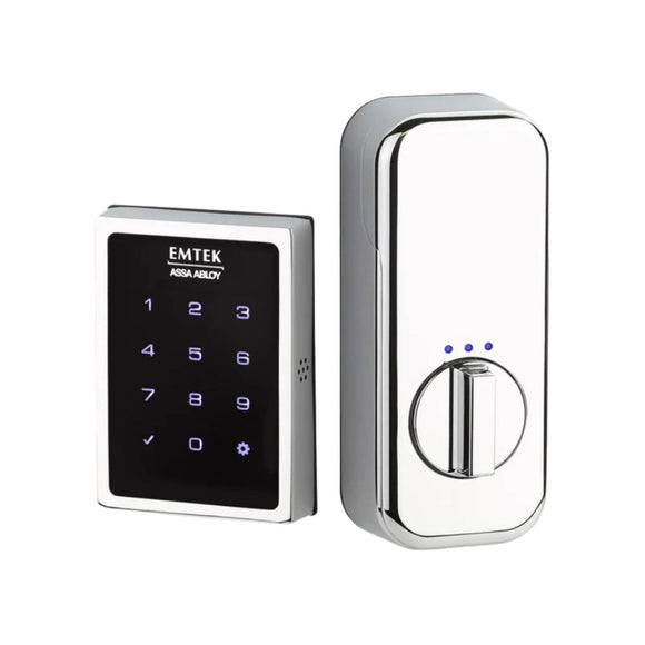 This is Emtek's EM-Powered EMP0101 Electronic deadbolt in the polished chrome finish